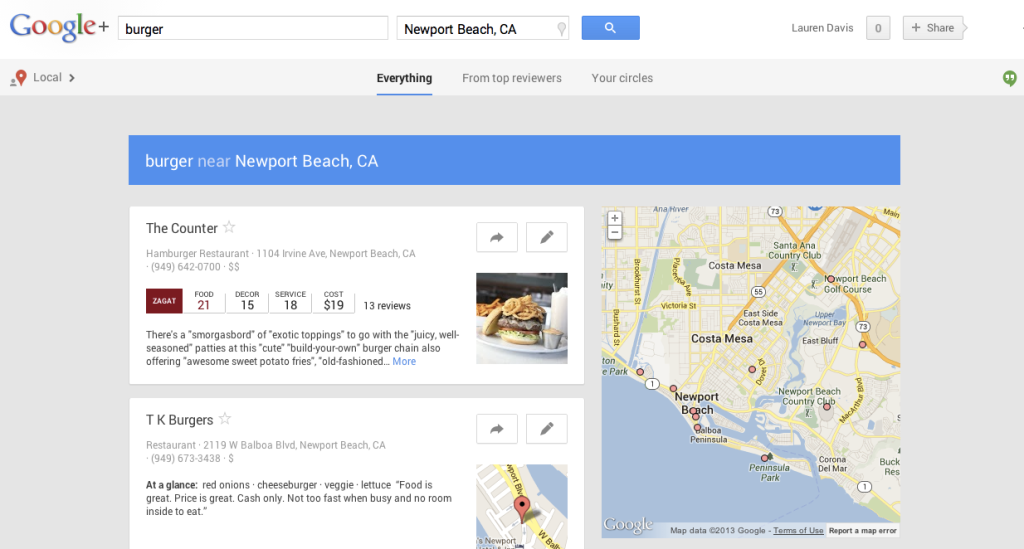 Example of Google+ Local listing in Google Search Results