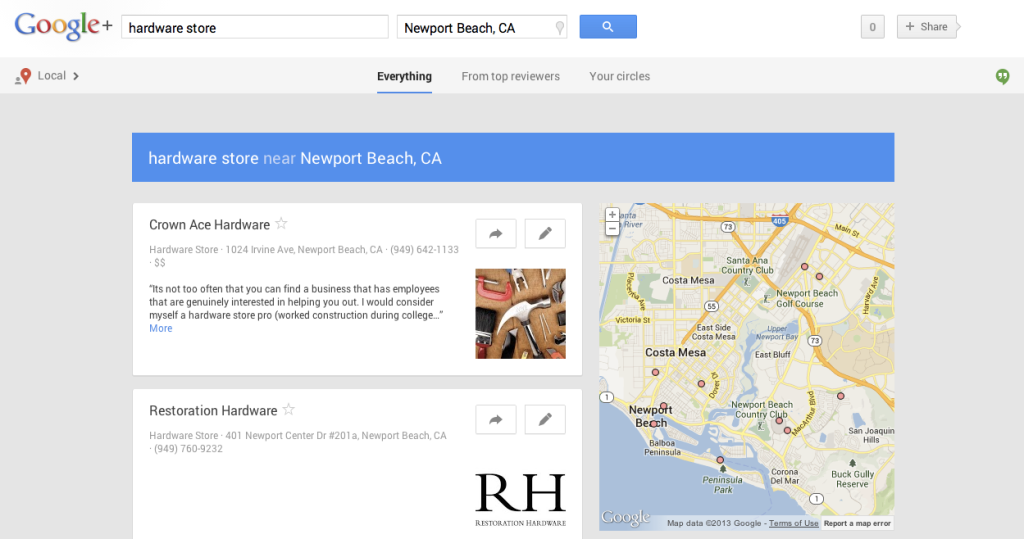 Example of Google+ Local search (these companies started out with a Google Places account which was converted to look like a Google+ Local Page)