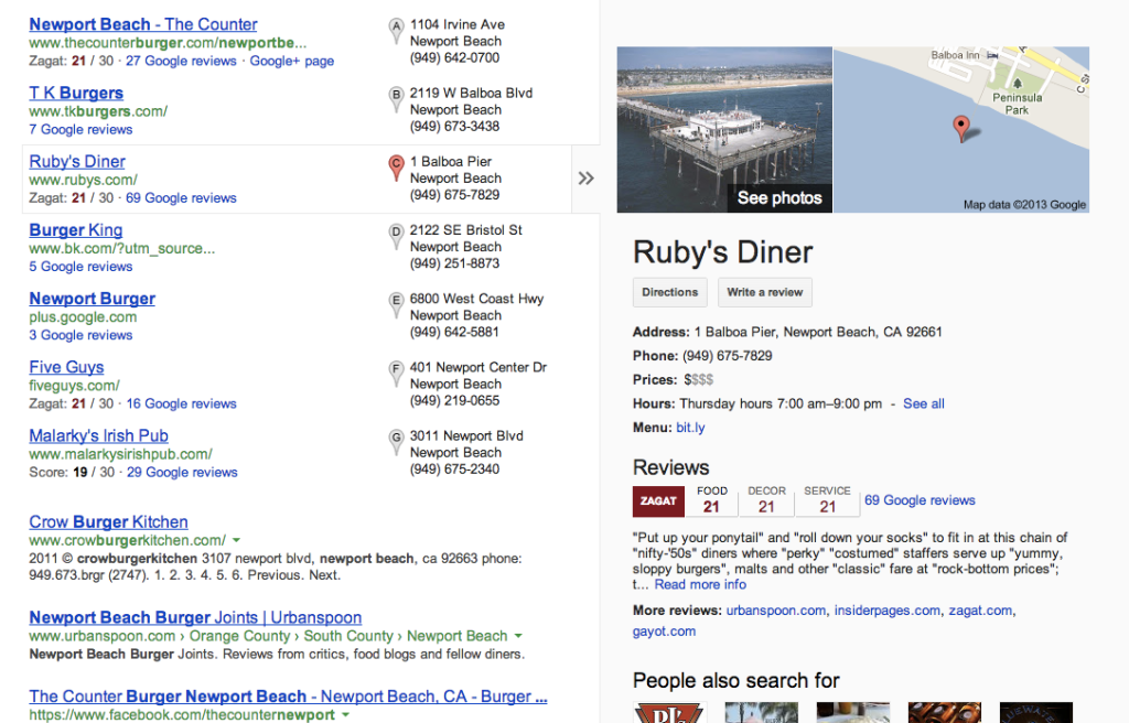 Example of Google+ Local listing in Google Search Results